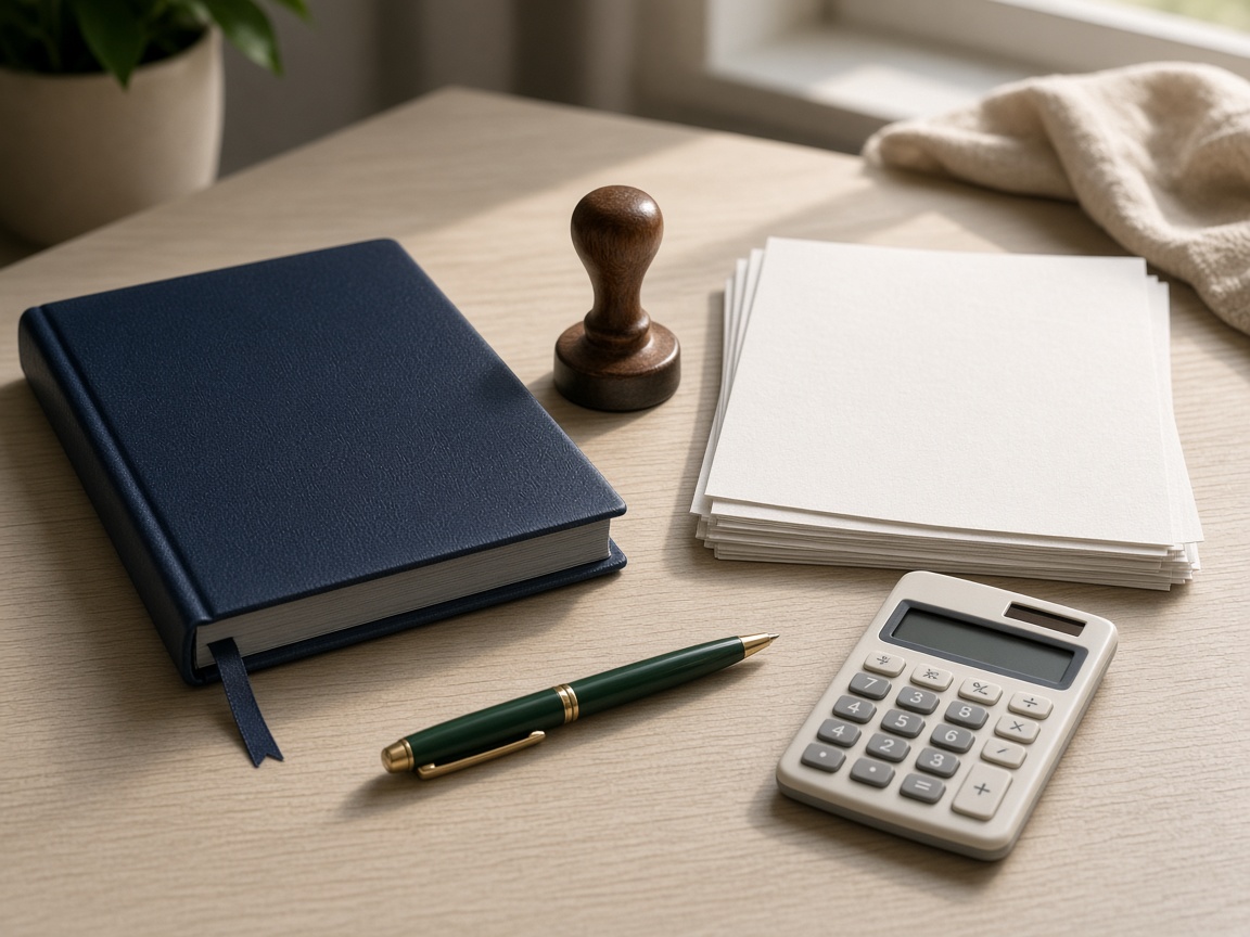 A ledger, invoices, a stamp, and a calculator