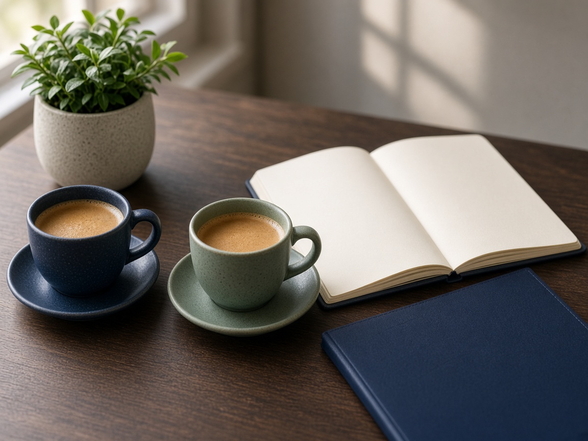 Two cups of coffee and a notebook ready for a customer meeting