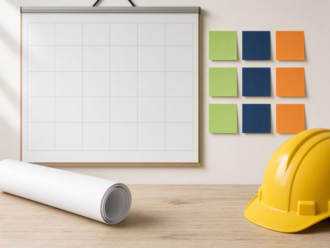 A project calendar, color notes, plans, and a hard hat